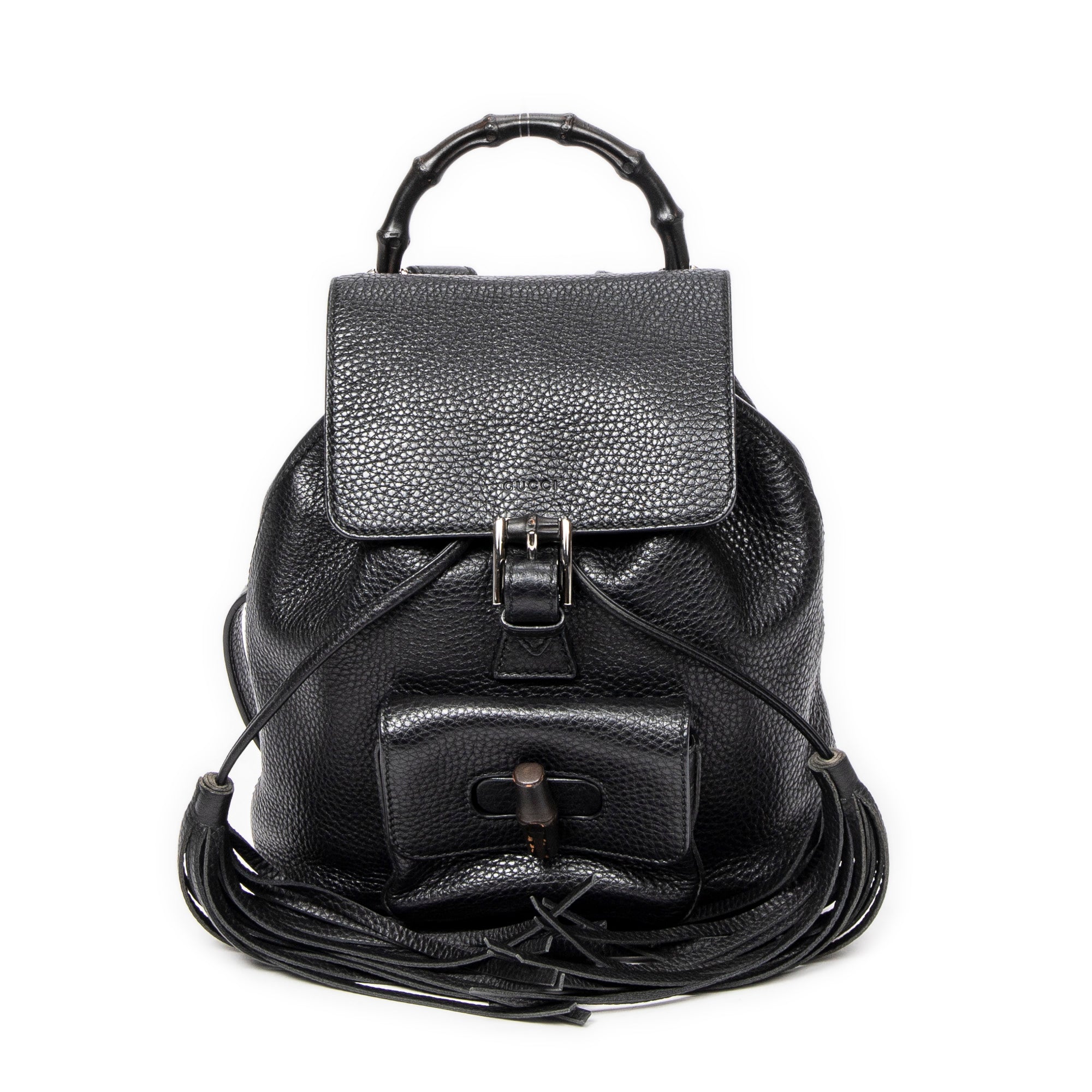 Backpack Small Bamboo Tassel Backpack Black Grained Leather – BrandCo Paris
