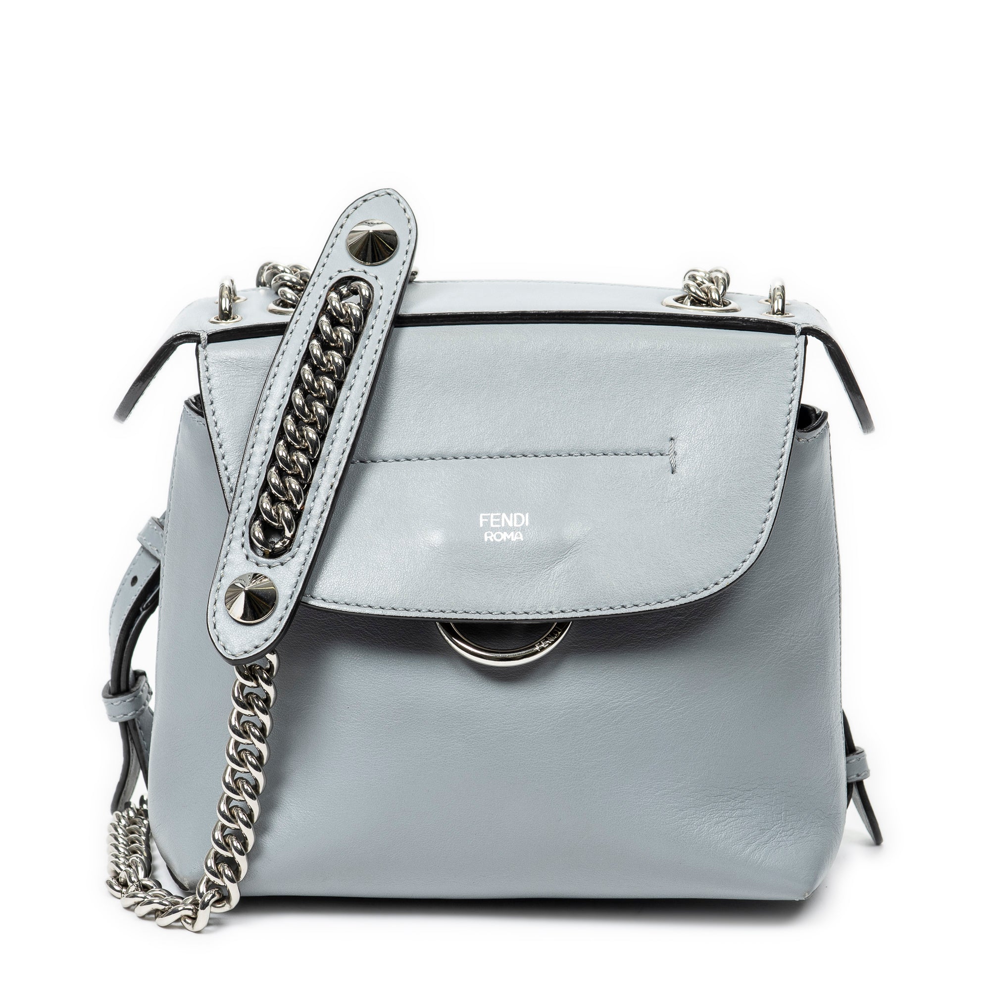 fendi back to school mini backpack blue Gray Calfskin Convertible magnetic button clasp and drawstring closure What's in my Bag| Fendi