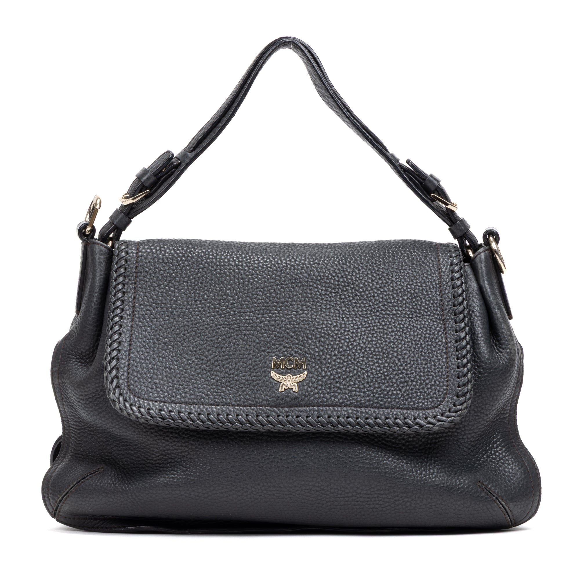 Shoulder Bag Braided Flap Shoulder Bag Black Grained Leather