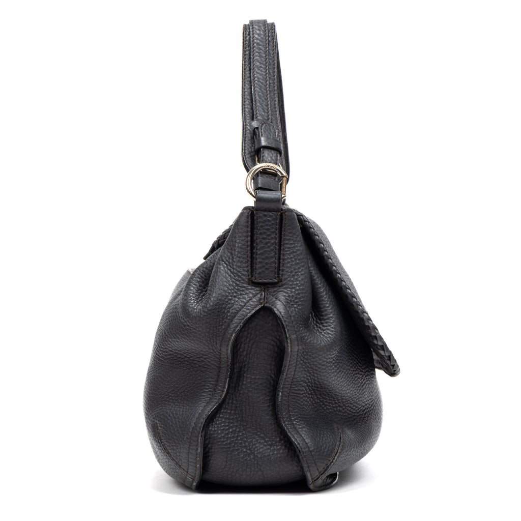 Shoulder Bag Braided Flap Shoulder Bag Black Grained Leather