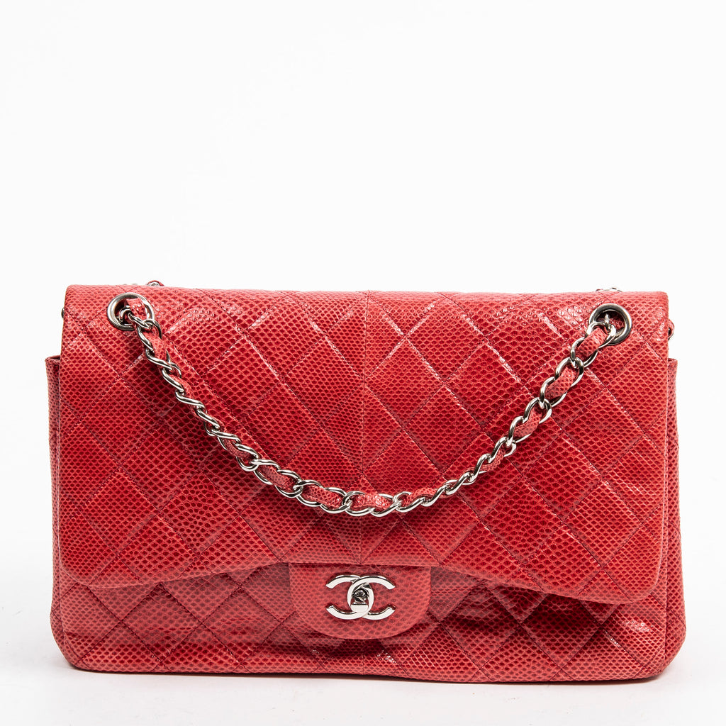 Bolso de Hombro Ed. Ltda. Piel de Lagarto Jumbo Clásico Doble Solapa Cuero Acolchado Rojo con Grabado de Lagarto