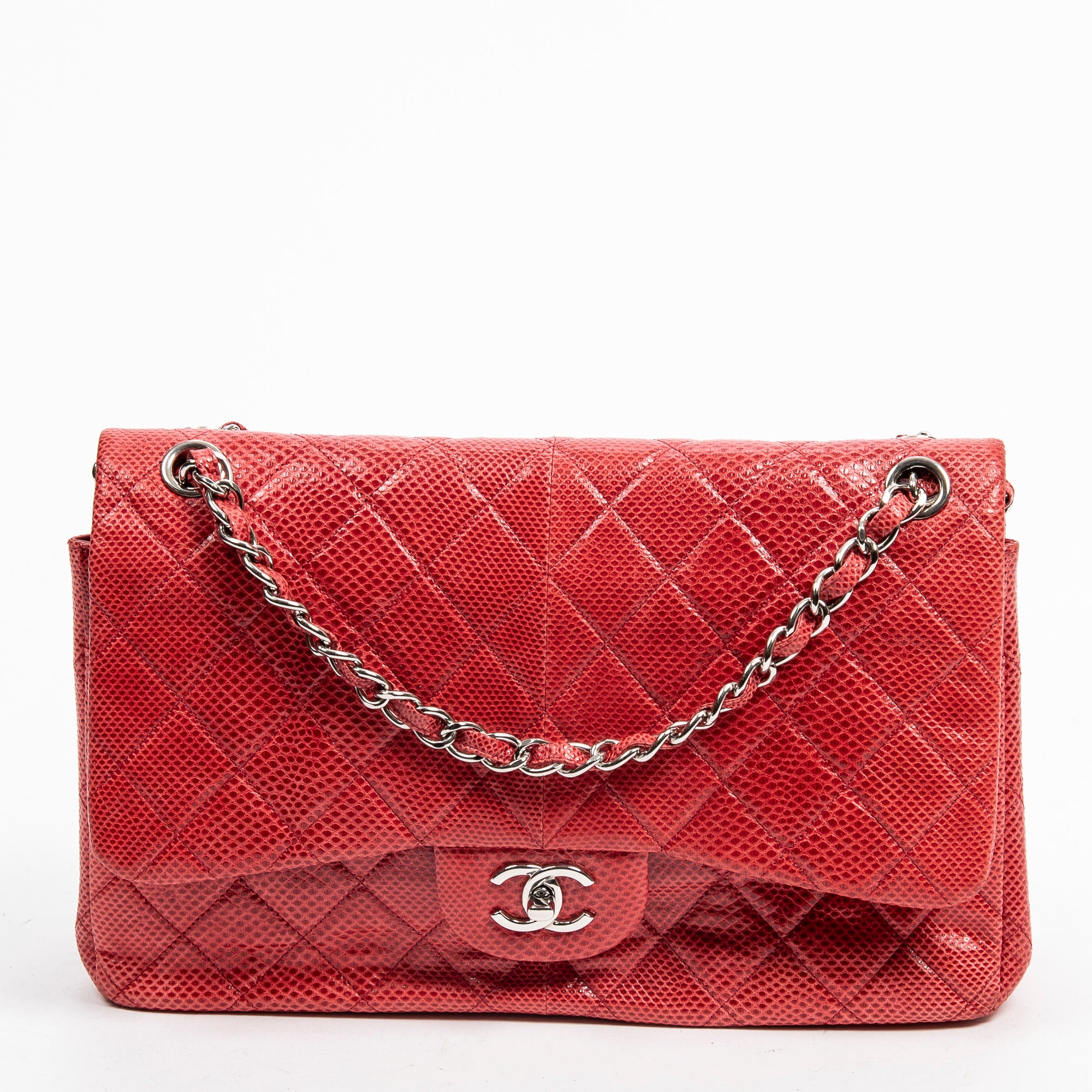 Shoulder Bag Ltd. Ed. Lizard Skin Jumbo Classic Double Flap Red Quilted Lizard Embossed Leather