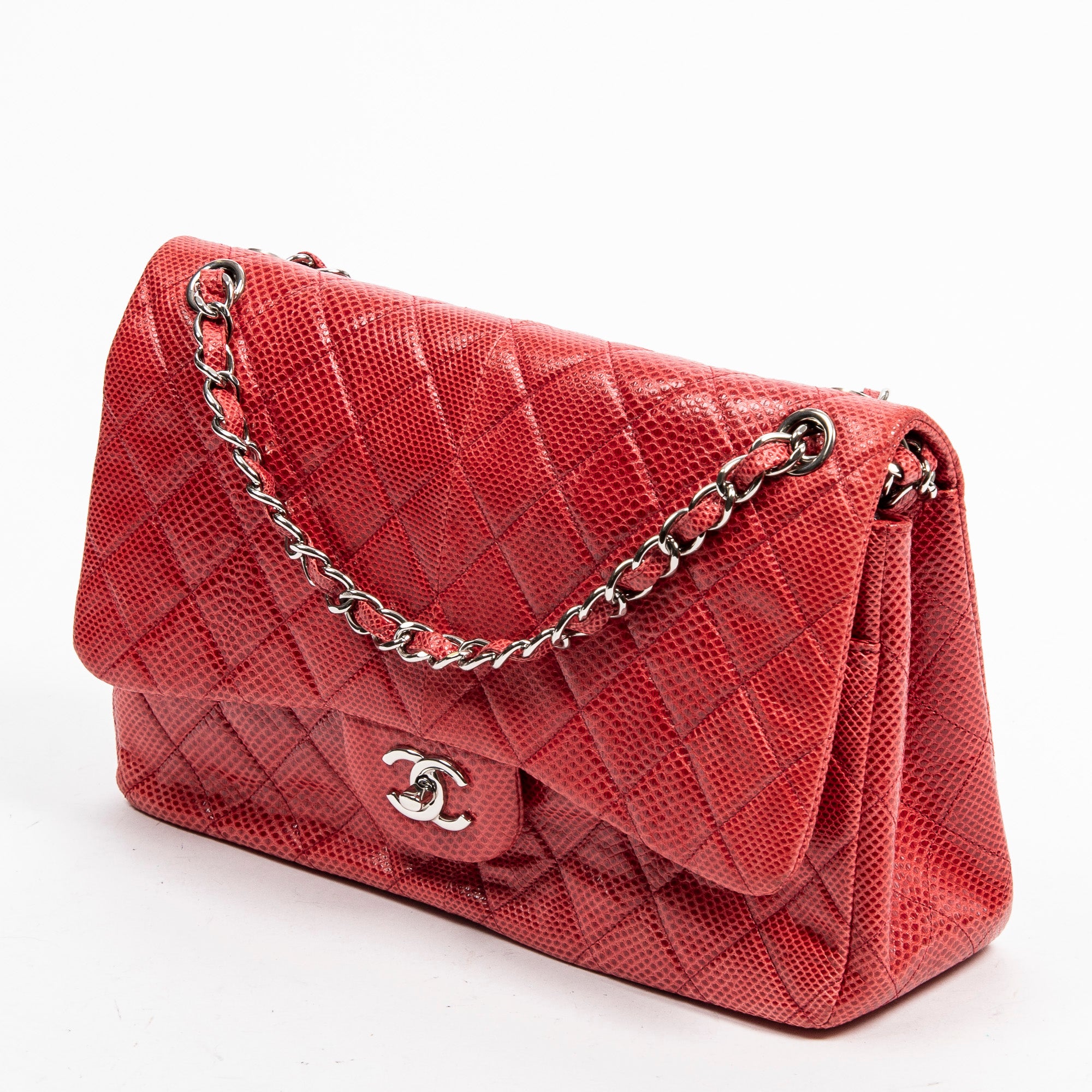 Shoulder Bag Ltd. Ed. Lizard Skin Jumbo Classic Double Flap Red Quilted Lizard Embossed Leather