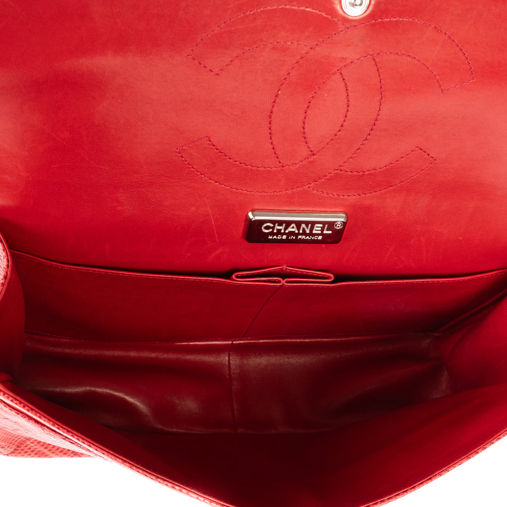 Shoulder Bag Ltd. Ed. Lizard Skin Jumbo Classic Double Flap Red Quilted Lizard Embossed Leather