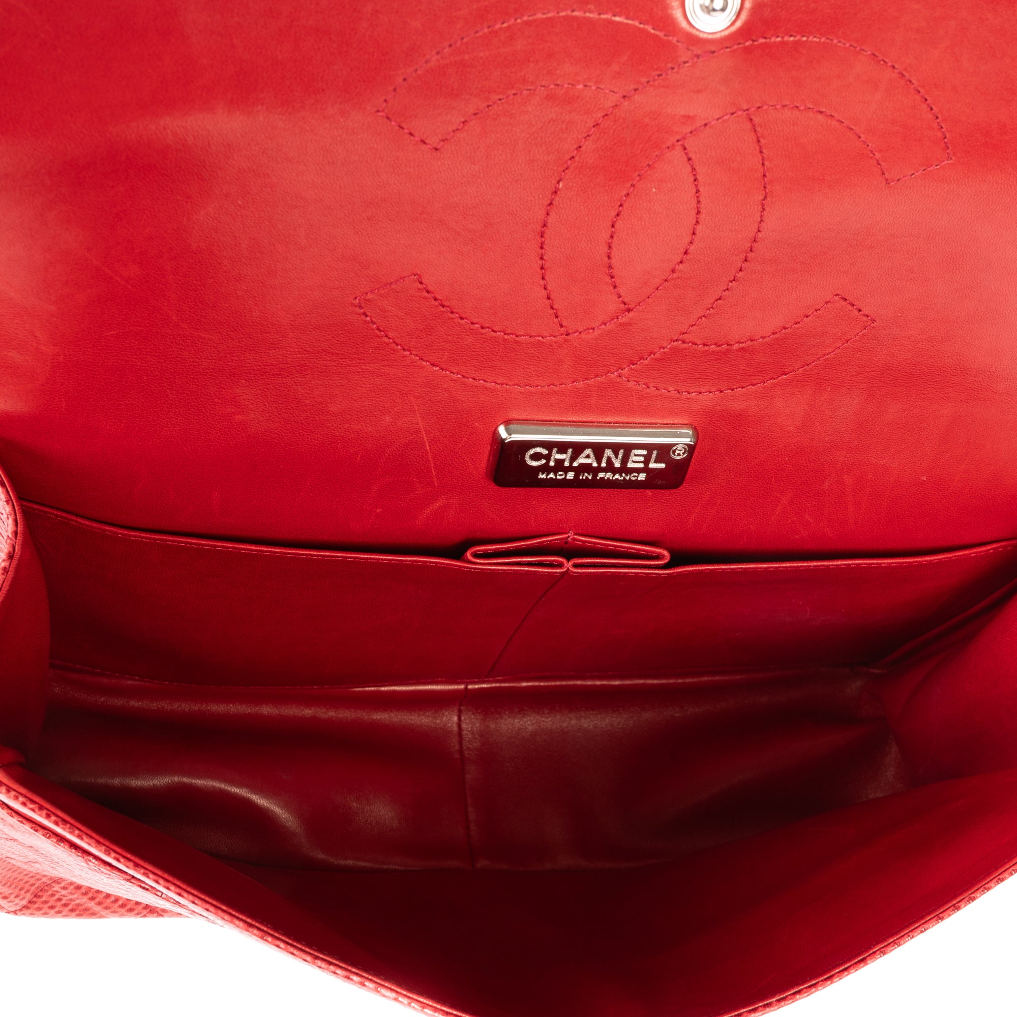 Shoulder Bag Ltd. Ed. Lizard Skin Jumbo Classic Double Flap Red Quilted Lizard Embossed Leather
