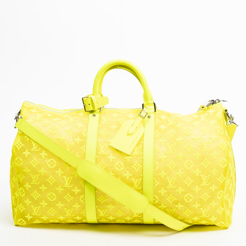 Travel Bag Ltd. Ed. Virgil Abloh Mesh Triangle Summer 2019 Keepall Bandouliere 50 Neon Yellow Monogram See Through
