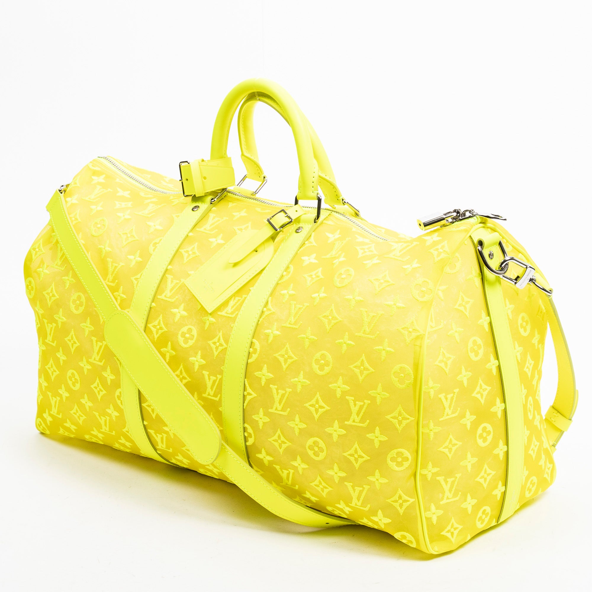 Travel Bag Ltd. Ed. Virgil Abloh Mesh Triangle Summer 2019 Keepall Bandouliere 50 Neon Yellow Monogram See Through