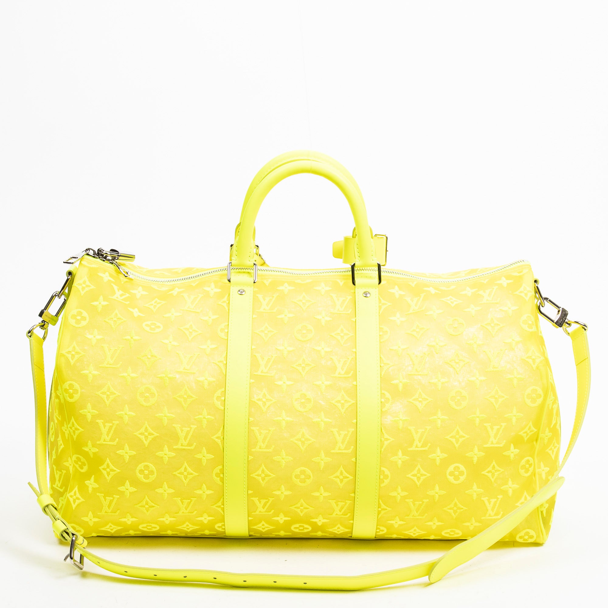 Travel Bag Ltd. Ed. Virgil Abloh Mesh Triangle Summer 2019 Keepall Bandouliere 50 Neon Yellow Monogram See Through