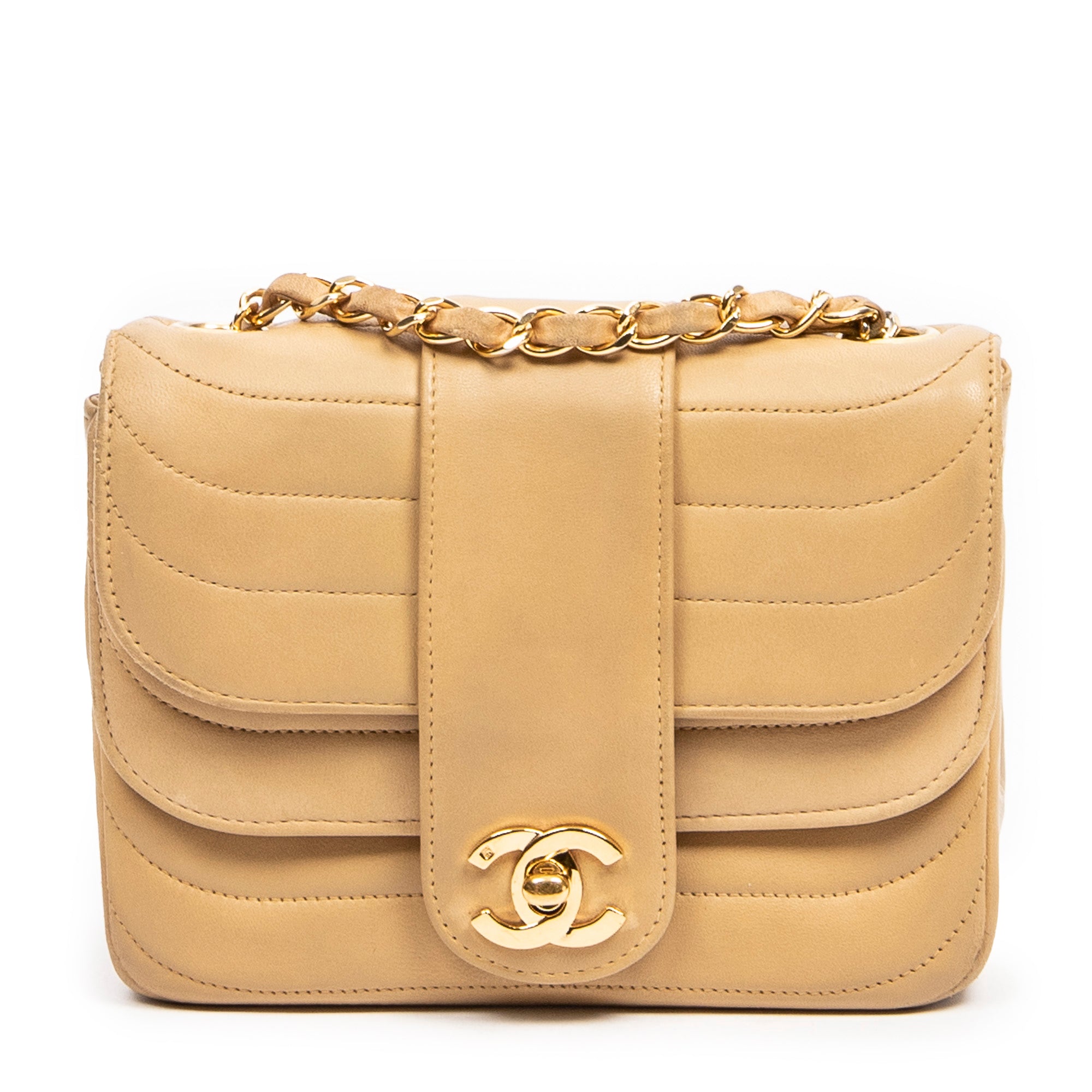 Shoulder Bag Mini Scallop Double Flap Beige Quilted Scallop Calfskin Leather