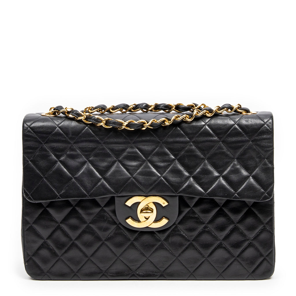 Shoulder Bag Jumbo Maxi XL Flap Black Quilted Lambskin Leather