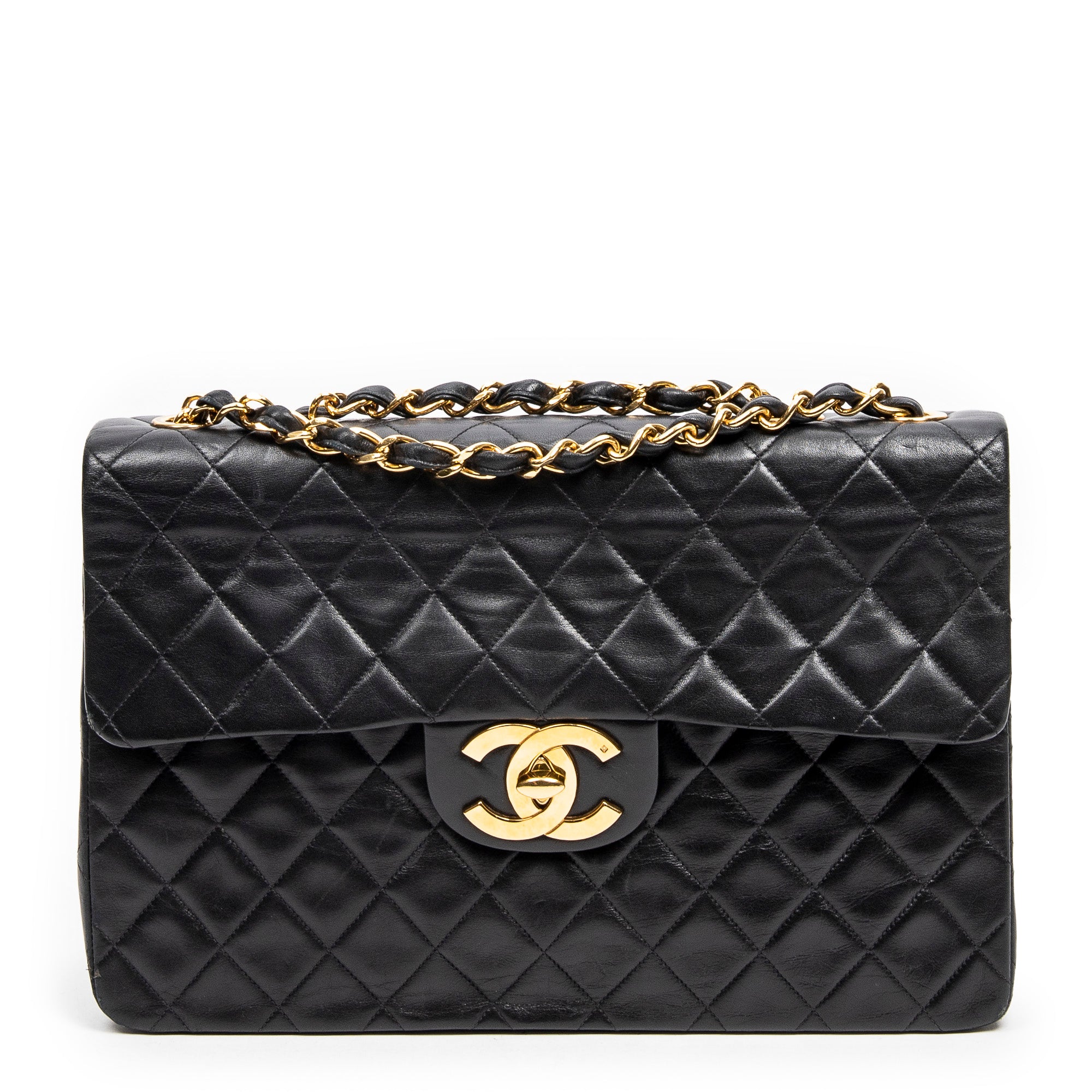 Shoulder Bag Jumbo Maxi XL Flap Black Quilted Lambskin Leather