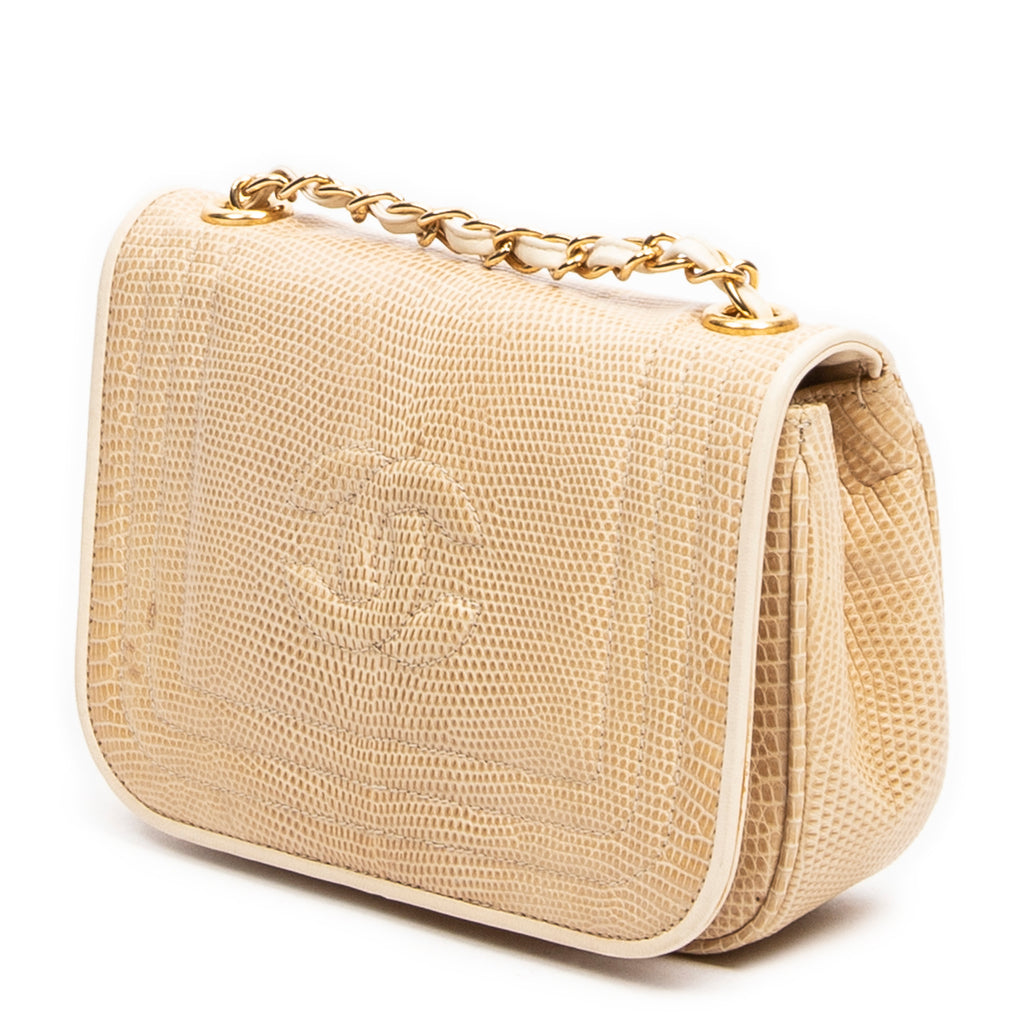 Shoulder Bag Vintage CC Timeless Mini Flap Beige Lizard Skin Embossed Leather