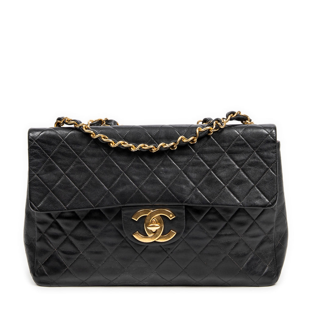 Shoulder Bag Maxi Jumbo XL Flap Black Quilted Lambskin Leather