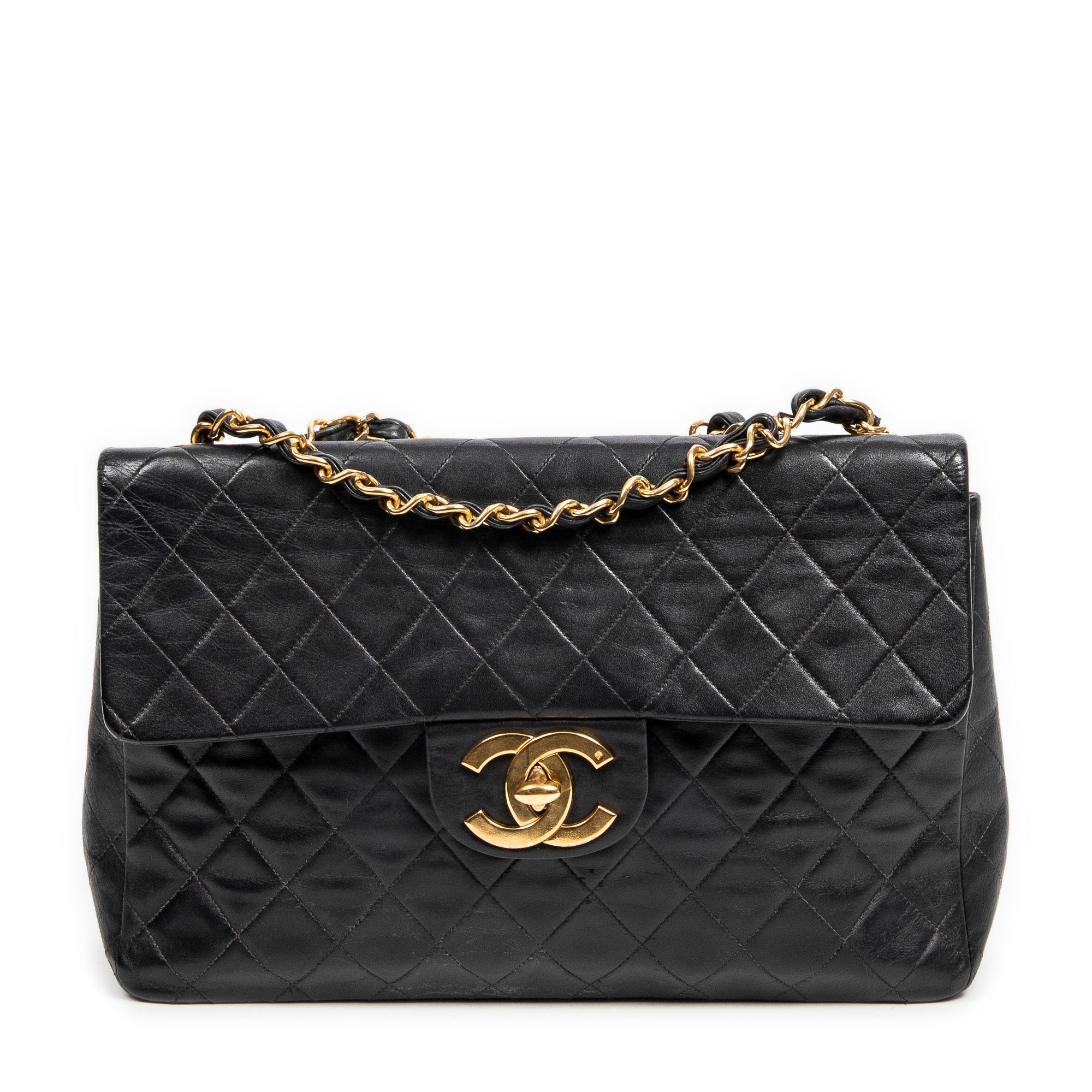 Shoulder Bag Maxi Jumbo XL Flap Black Quilted Lambskin Leather
