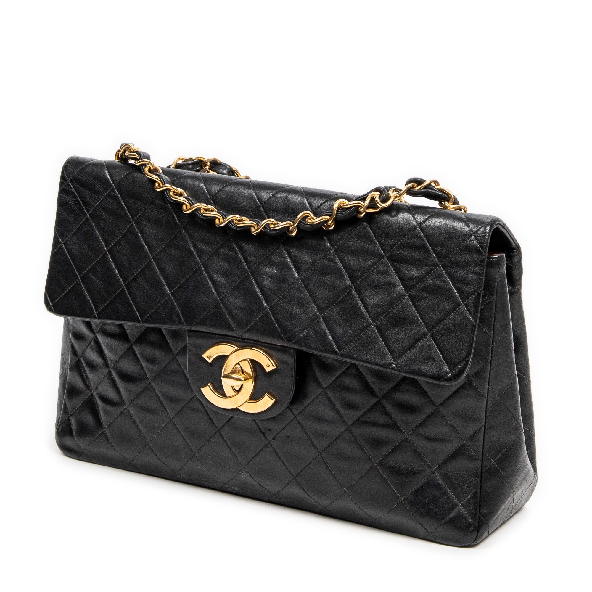 Shoulder Bag Maxi Jumbo XL Flap Black Quilted Lambskin Leather