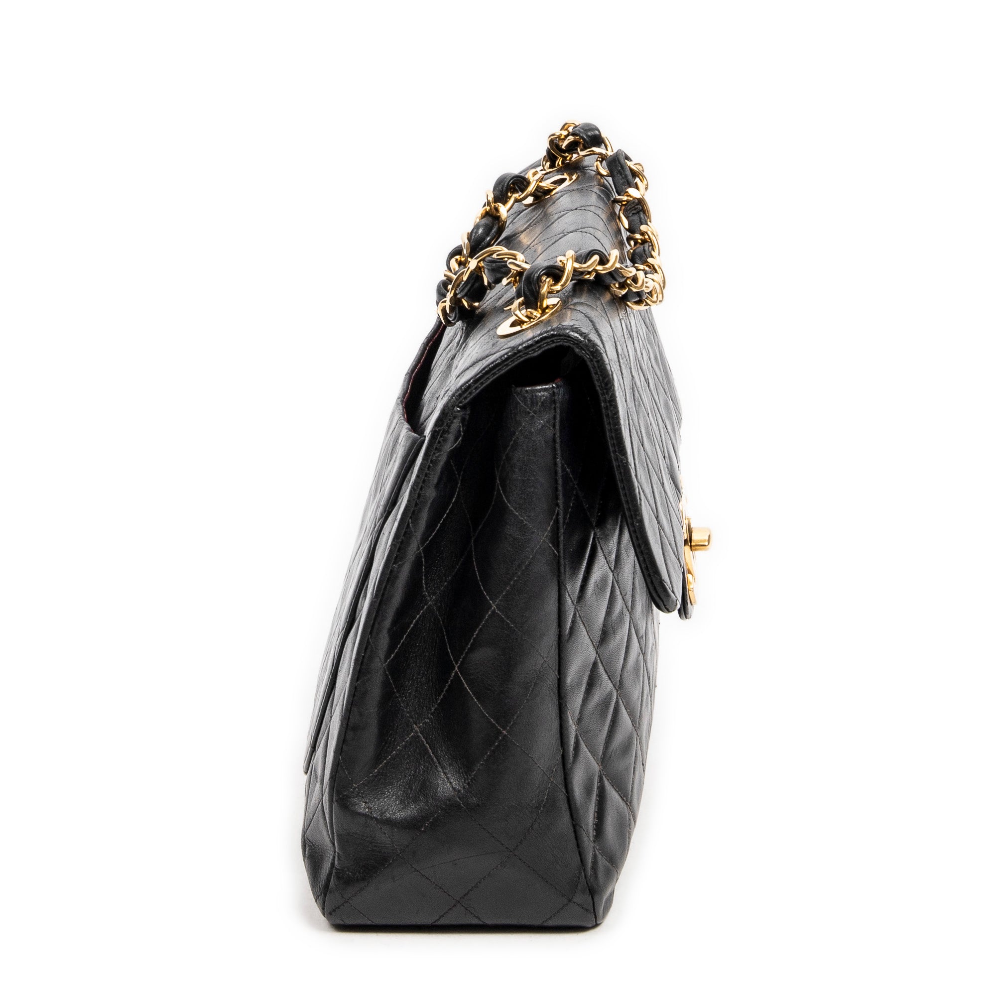 Shoulder Bag Maxi Jumbo XL Flap Black Quilted Lambskin Leather