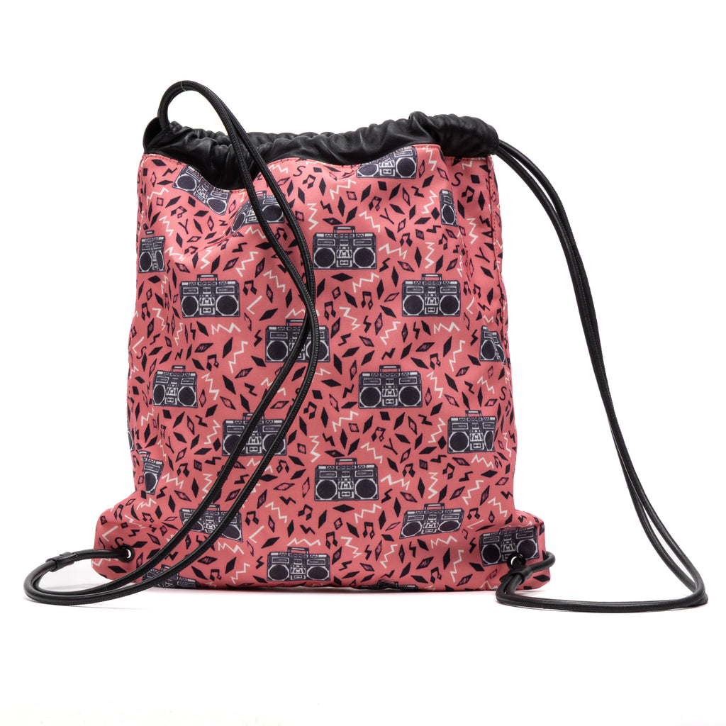 Shoulder Bag Drawstring Backpack Pink Radio Logo Print Canvas