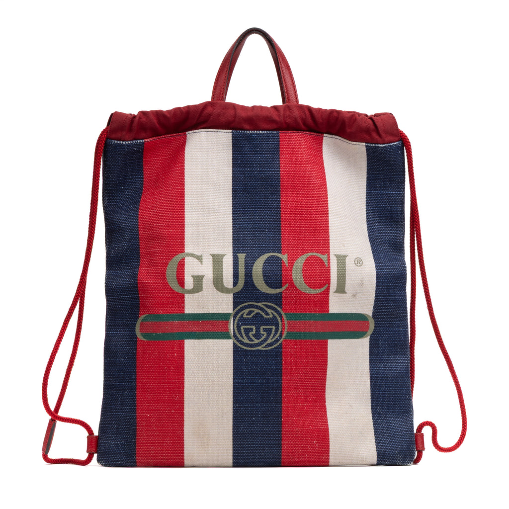 Shoulder Bag Striped Drawstring Backpack Blue Logo Print Canvas