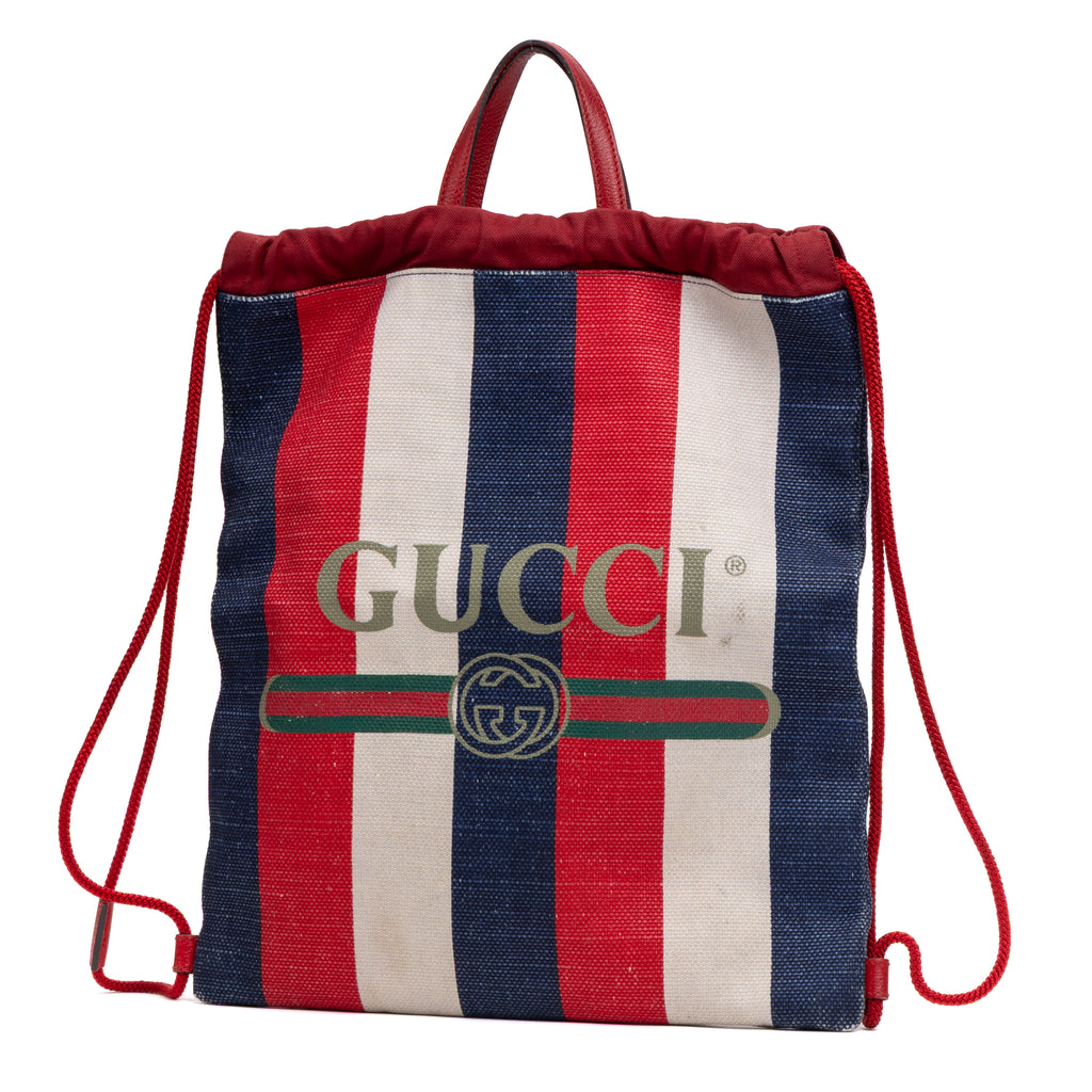 Shoulder Bag Striped Drawstring Backpack Blue Logo Print Canvas