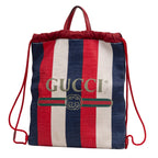 Shoulder Bag Striped Drawstring Backpack Blue Logo Print Canvas