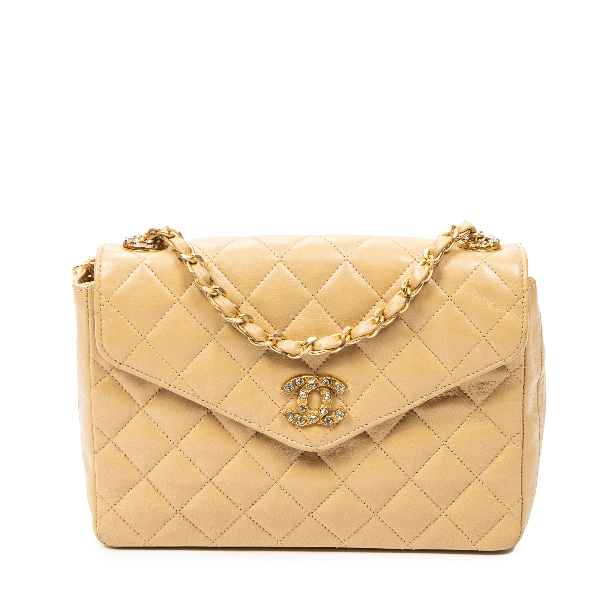 Shoulder Bag CC Crystal Push Lock Square Flap Beige Quilted Lambskin Leather