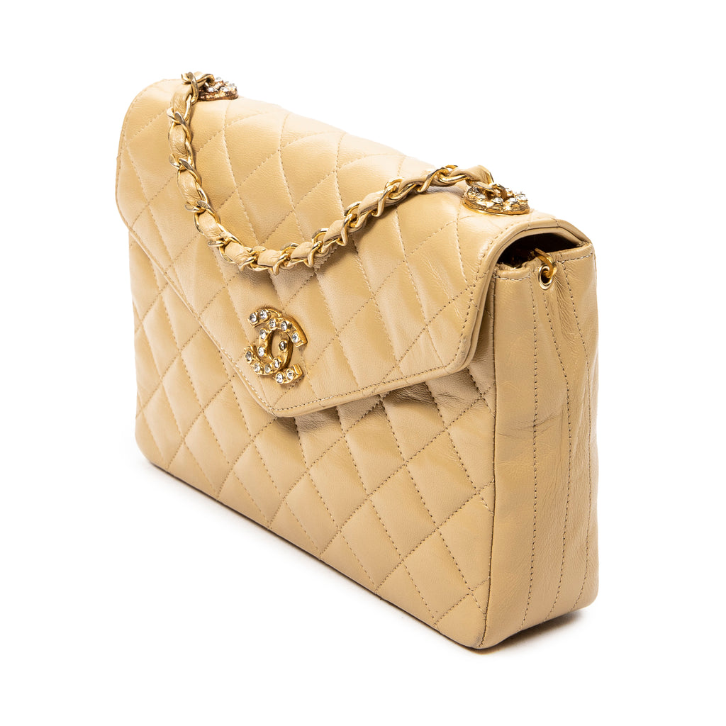 Shoulder Bag CC Crystal Push Lock Square Flap Beige Quilted Lambskin Leather