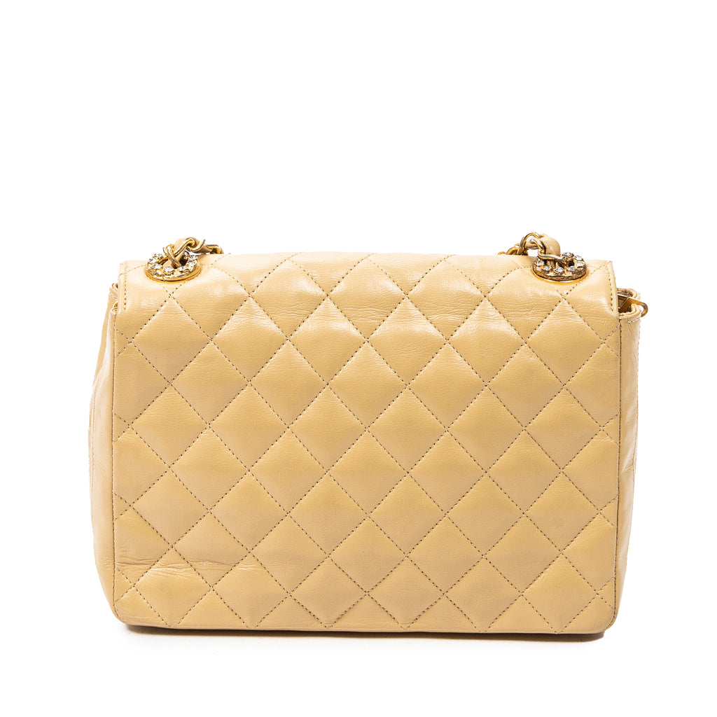 Shoulder Bag CC Crystal Push Lock Square Flap Beige Quilted Lambskin Leather