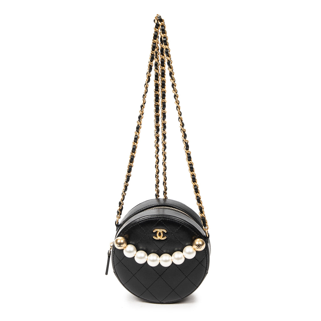 Shoulder Bag Front Pearl Round Chain Clutch Black Quilted Lambskin Leather