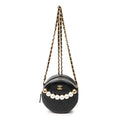 Shoulder Bag Front Pearl Round Chain Clutch Black Quilted Lambskin Leather