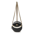 Shoulder Bag Front Pearl Round Chain Clutch Black Quilted Lambskin Leather