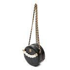 Shoulder Bag Front Pearl Round Chain Clutch Black Quilted Lambskin Leather
