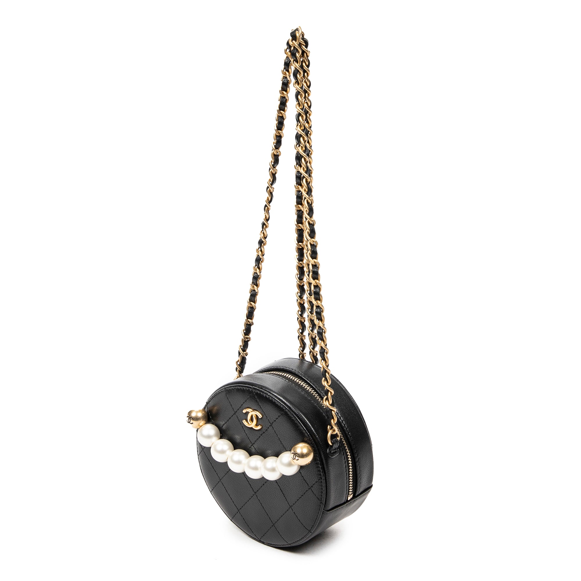 Shoulder Bag Front Pearl Round Chain Clutch Black Quilted Lambskin Leather
