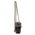 Shoulder Bag Front Pearl Round Chain Clutch Black Quilted Lambskin Leather