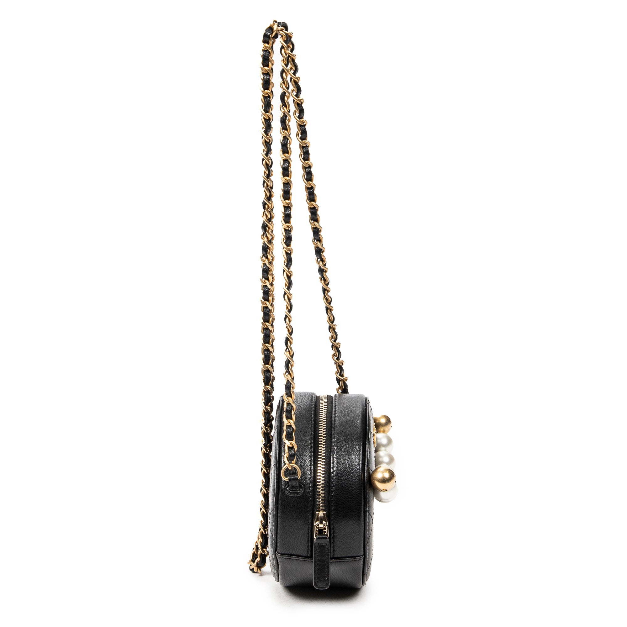 Shoulder Bag Front Pearl Round Chain Clutch Black Quilted Lambskin Leather