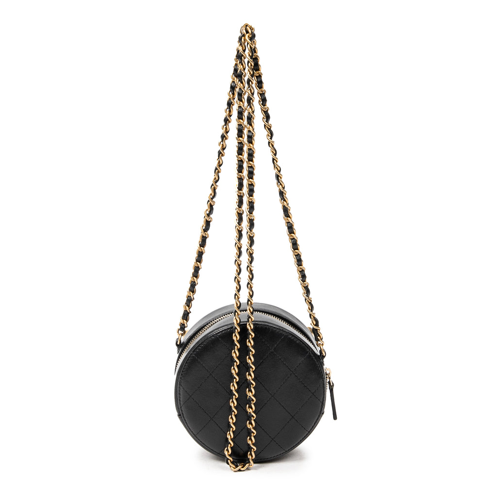 Shoulder Bag Front Pearl Round Chain Clutch Black Quilted Lambskin Leather