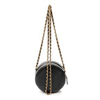 Shoulder Bag Front Pearl Round Chain Clutch Black Quilted Lambskin Leather