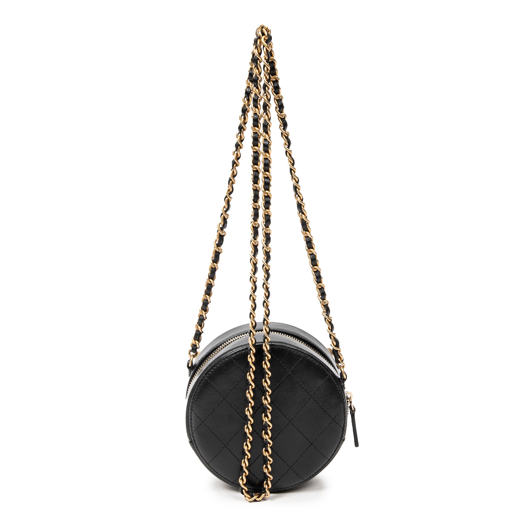 Shoulder Bag Front Pearl Round Chain Clutch Black Quilted Lambskin Leather