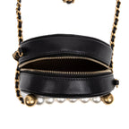 Shoulder Bag Front Pearl Round Chain Clutch Black Quilted Lambskin Leather