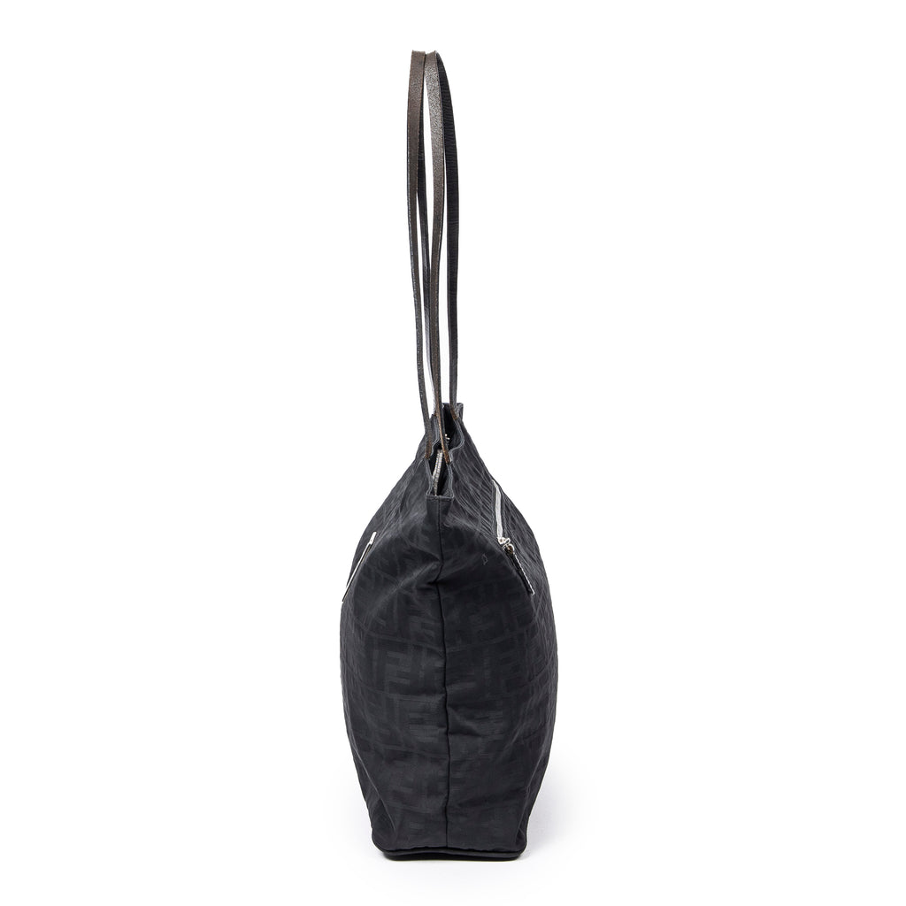 Shoulder Bag FF Logo Shopping Zip Tote Black Zucca Nylon Canvas