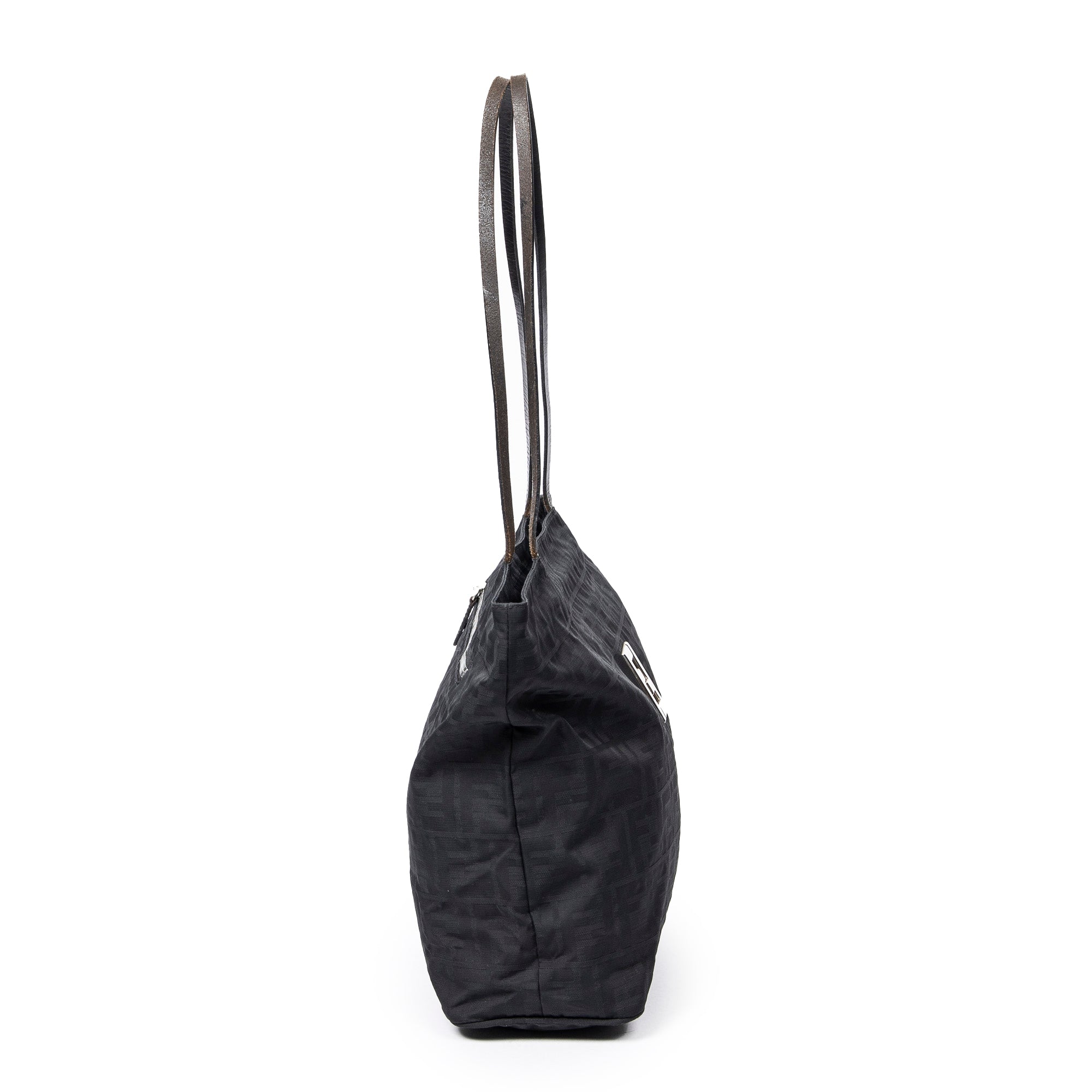 Shoulder Bag FF Logo Shopping Zip Tote Black Zucca Nylon Canvas