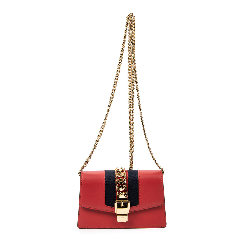 Shoulder Bag Super Mini Web Sylvie Chain Crossbody Hibiscus Red Calfskin Leather
