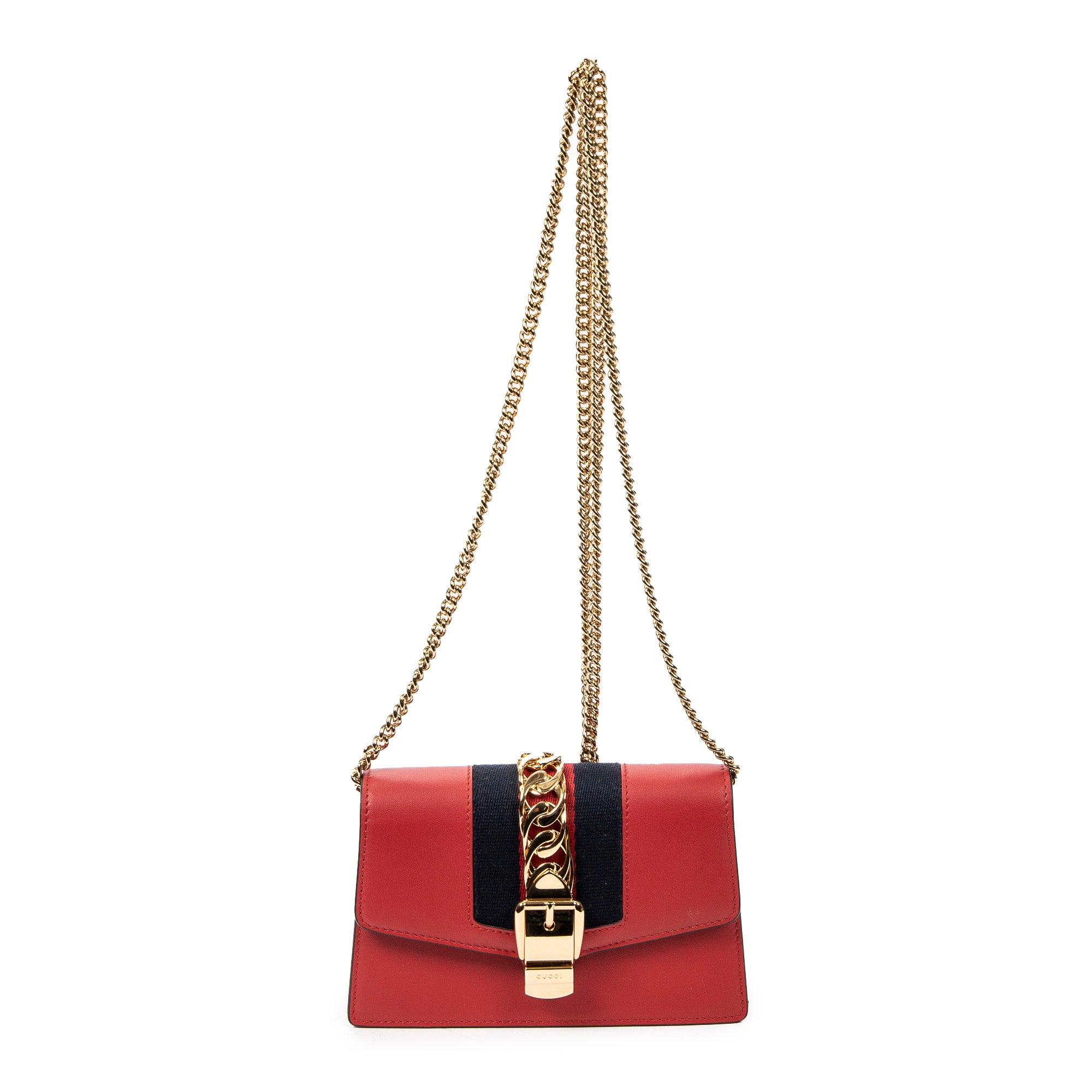 Shoulder Bag Super Mini Web Sylvie Chain Crossbody Hibiscus Red Calfskin Leather