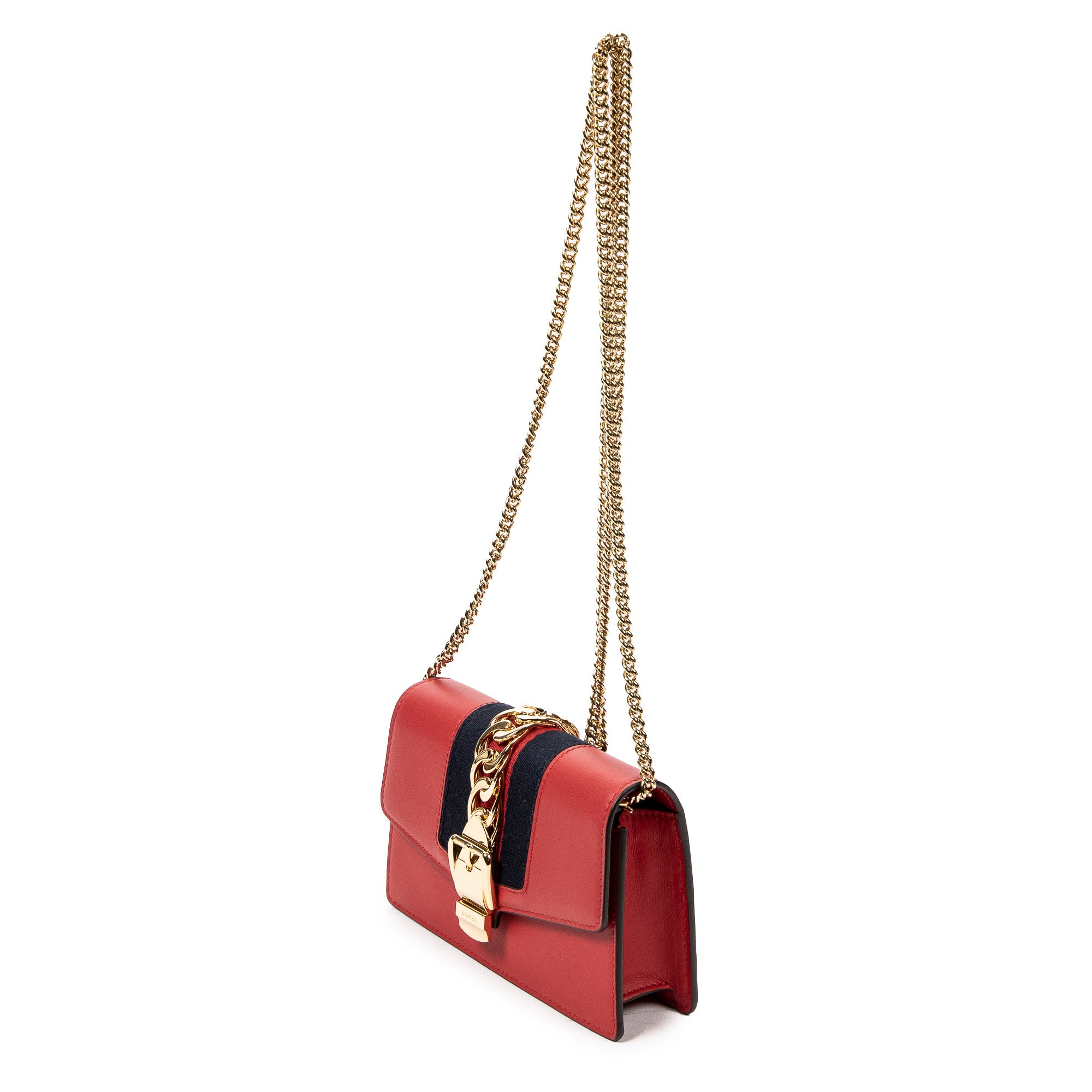 Shoulder Bag Super Mini Web Sylvie Chain Crossbody Hibiscus Red Calfskin Leather
