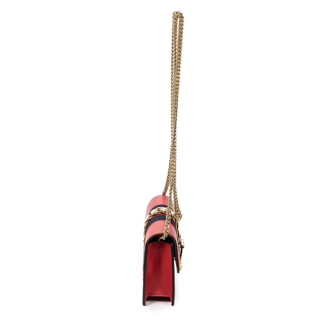 Shoulder Bag Super Mini Web Sylvie Chain Crossbody Hibiscus Red Calfskin Leather