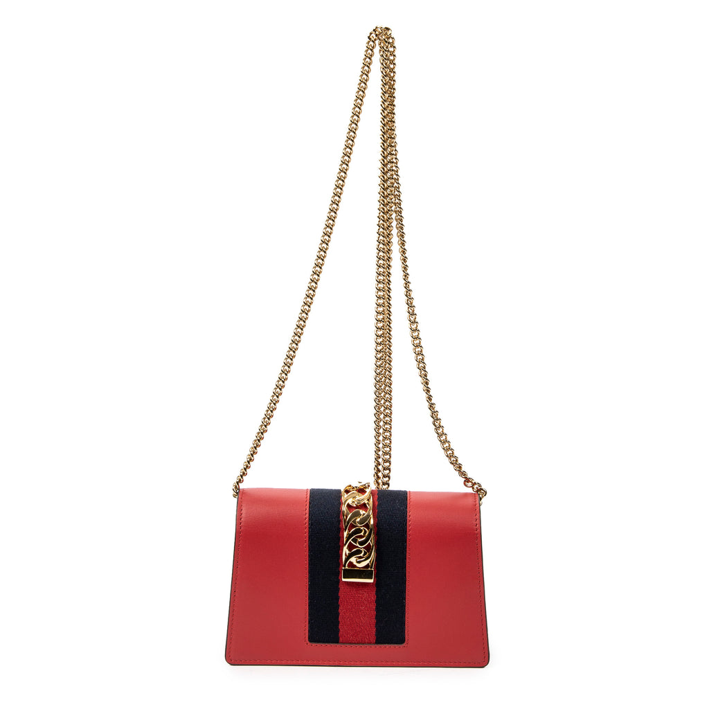 Shoulder Bag Super Mini Web Sylvie Chain Crossbody Hibiscus Red Calfskin Leather
