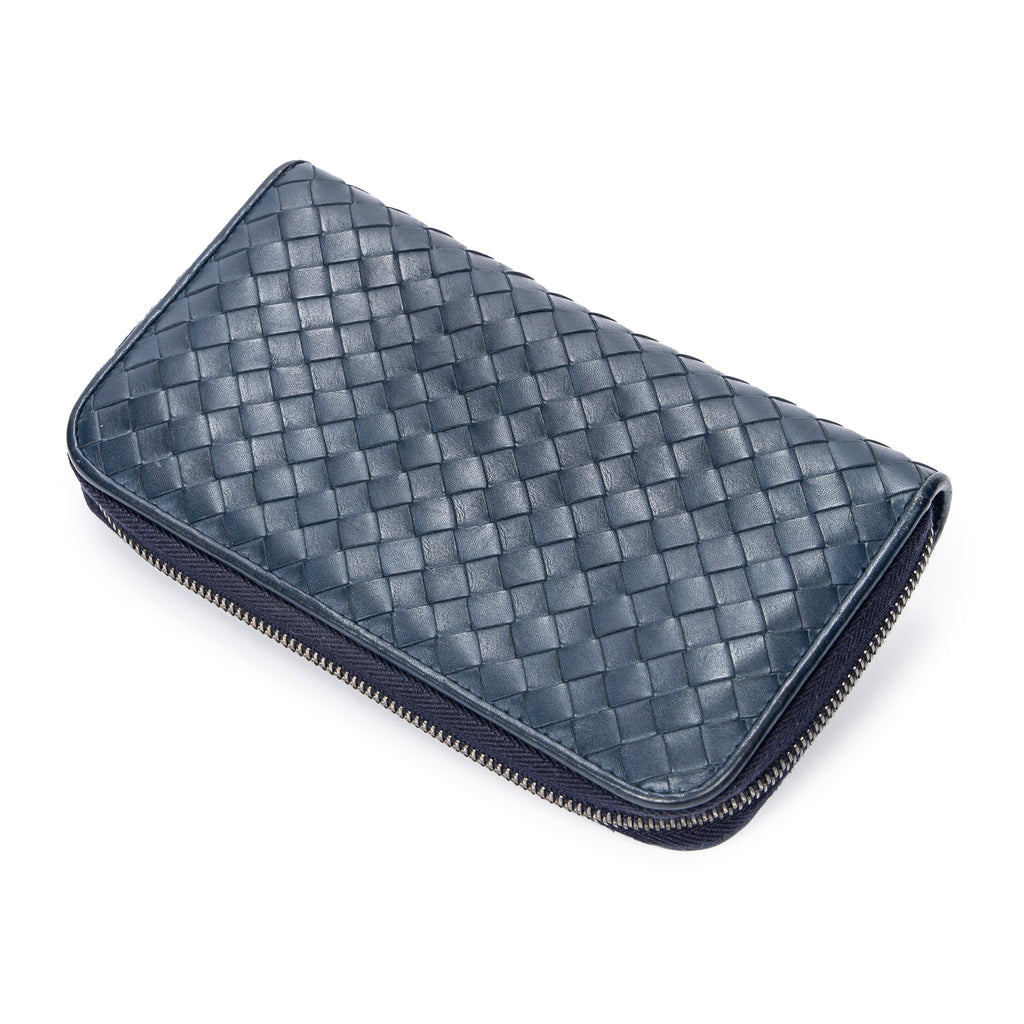 Wallet Long Zip Around Wallet Navy Intrecciato Leather