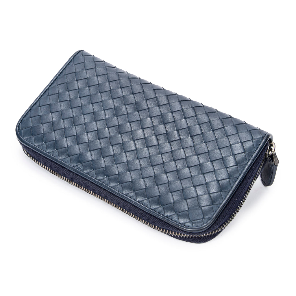 Wallet Long Zip Around Wallet Navy Intrecciato Leather