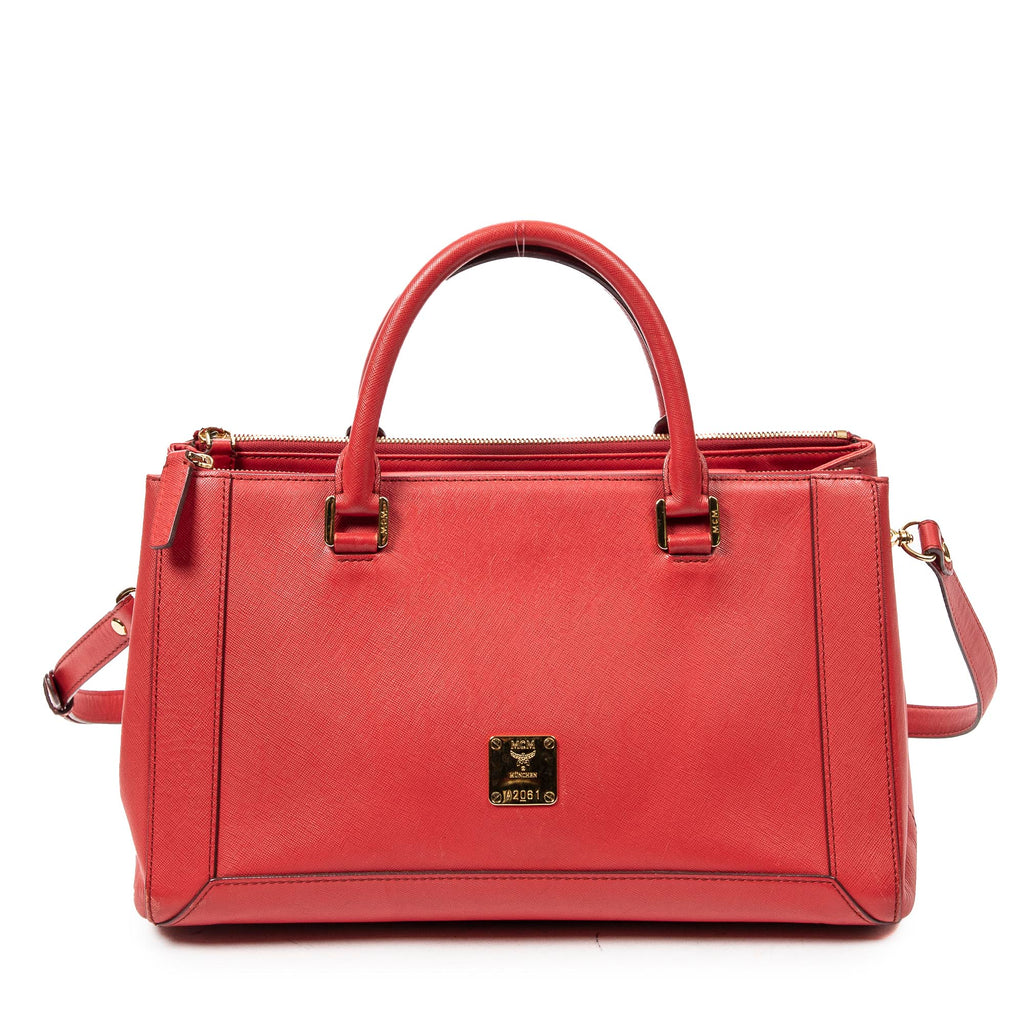 Shoulder Bag Horizontal Double Zip Tote Red Textured Leather