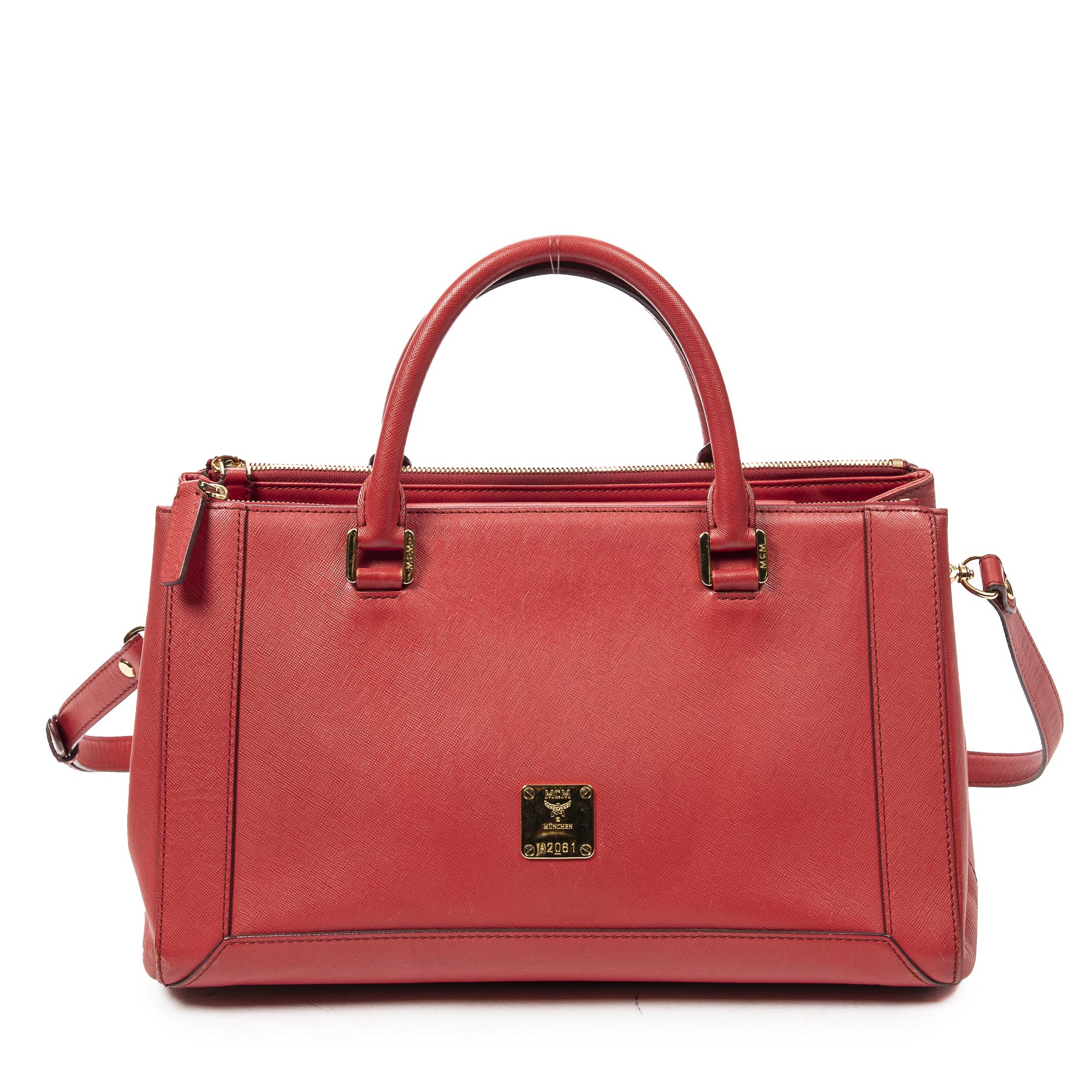 Shoulder Bag Horizontal Double Zip Tote Red Textured Leather