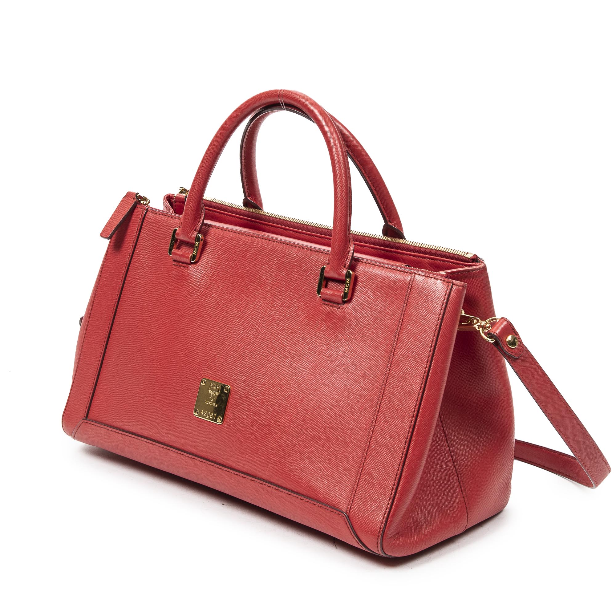 Shoulder Bag Horizontal Double Zip Tote Red Textured Leather